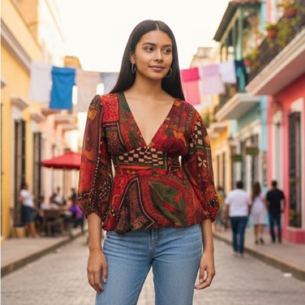 FARM Rio | Boho Patchwork Peplum Blouse Tassel Tie Top | Multi | Size M